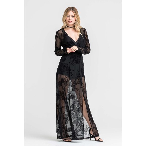 Lush Pants - Lush Mesh Burnout Maxi Romper, Black